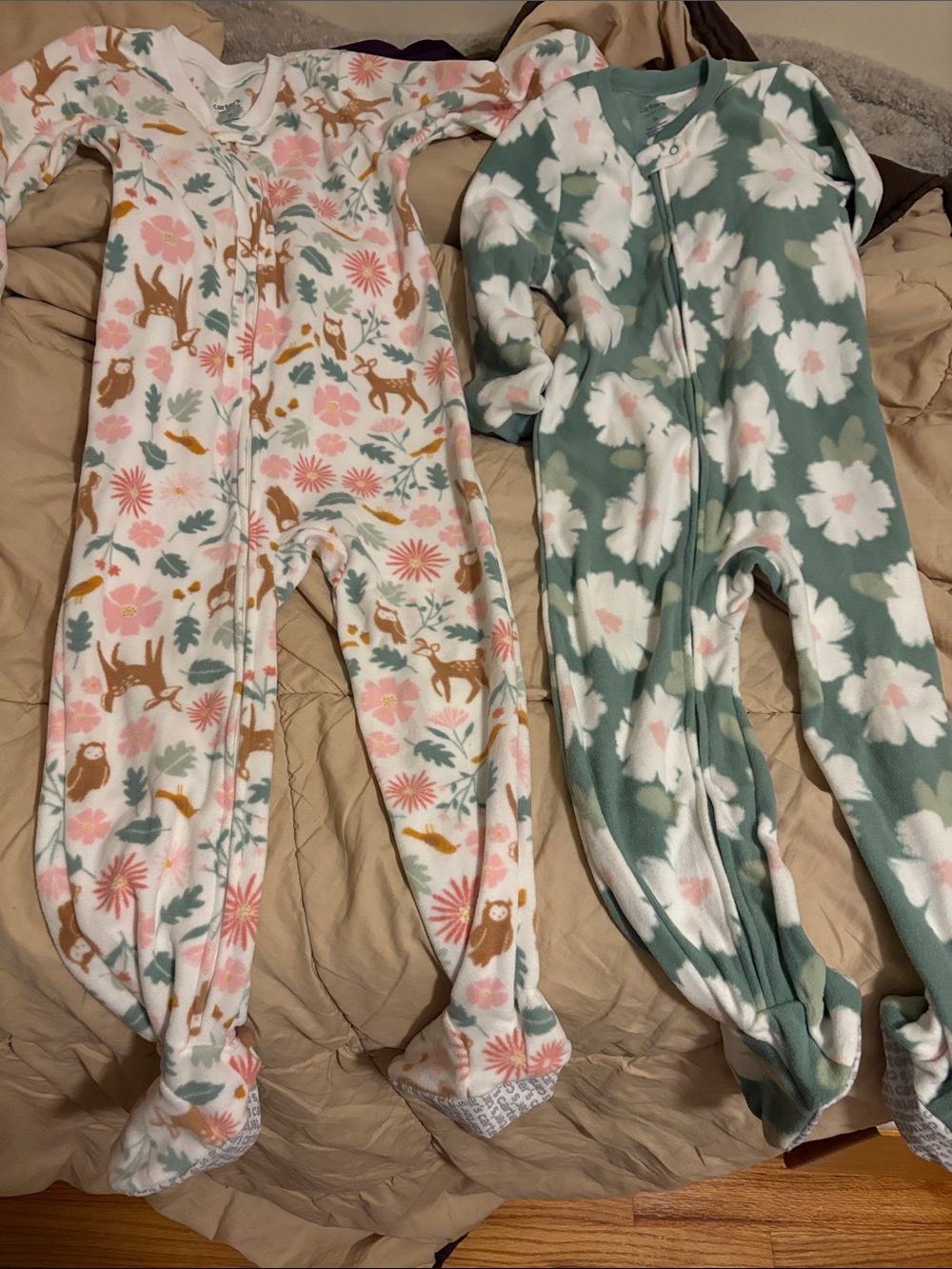 Carter's Floral & Animal Footed One-Piece Pajamas - Pink & Sage 2pairs